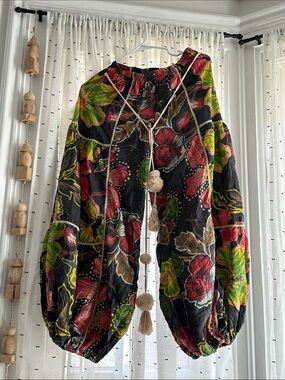 Boho Floral Drawstring Harem Pants - Black with Red & Green Floral Print